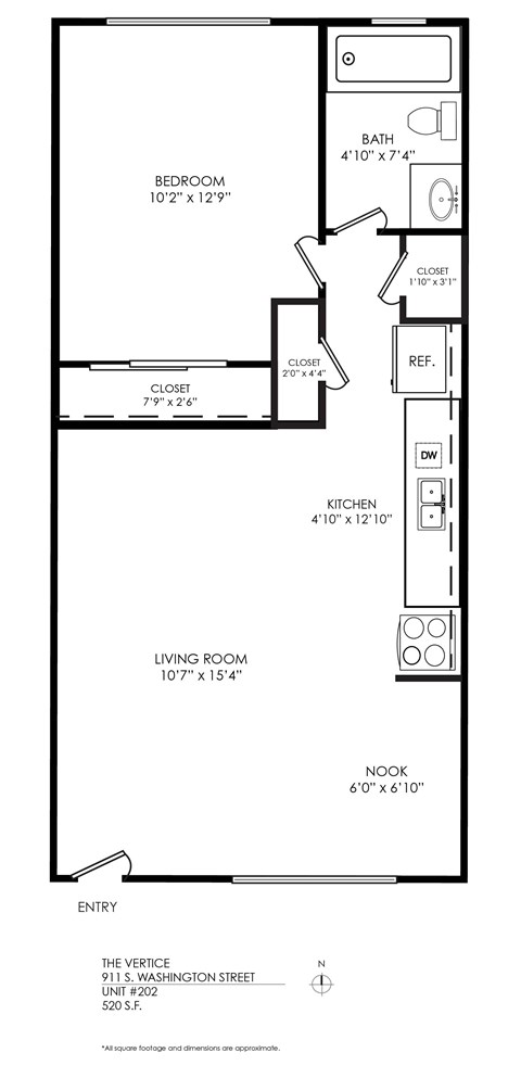 Floor plan for 1 bed, 1 bath, 545 sqft